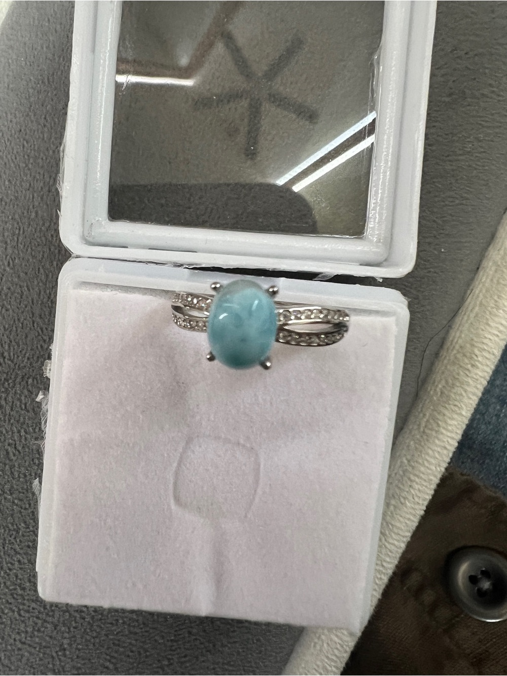 Sterling Silver Larimar and Diamond Ring